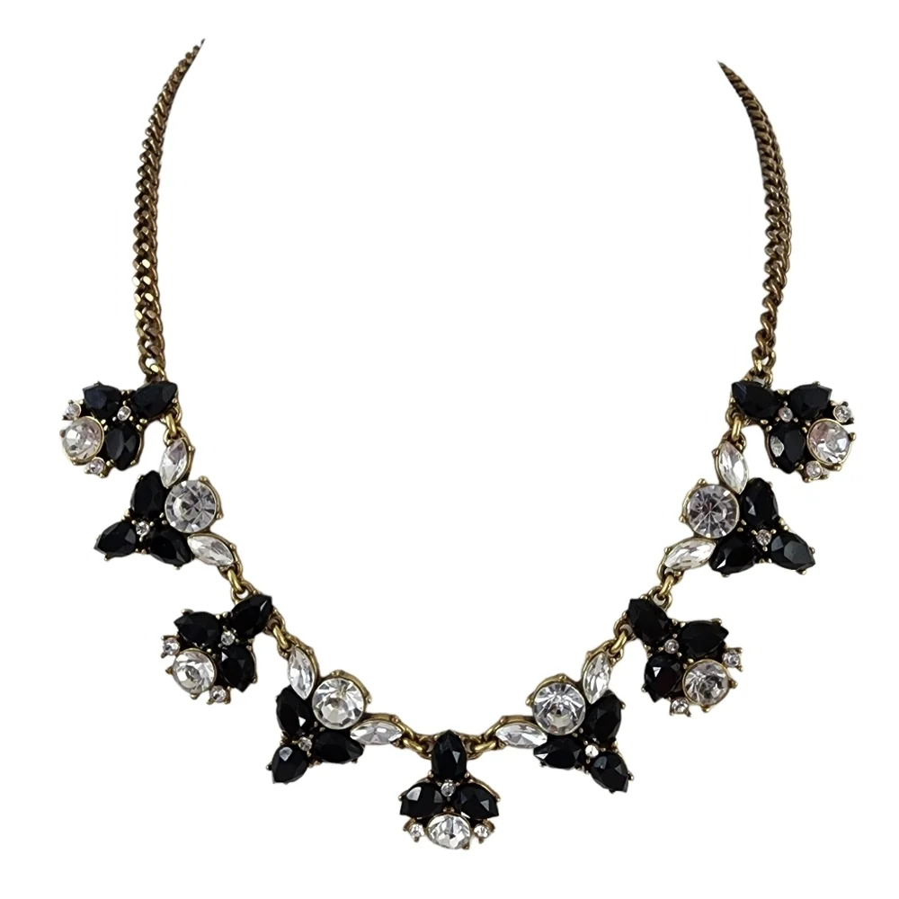 J. Crew Statement Necklace Black and Brilliant Rhinestones A0279